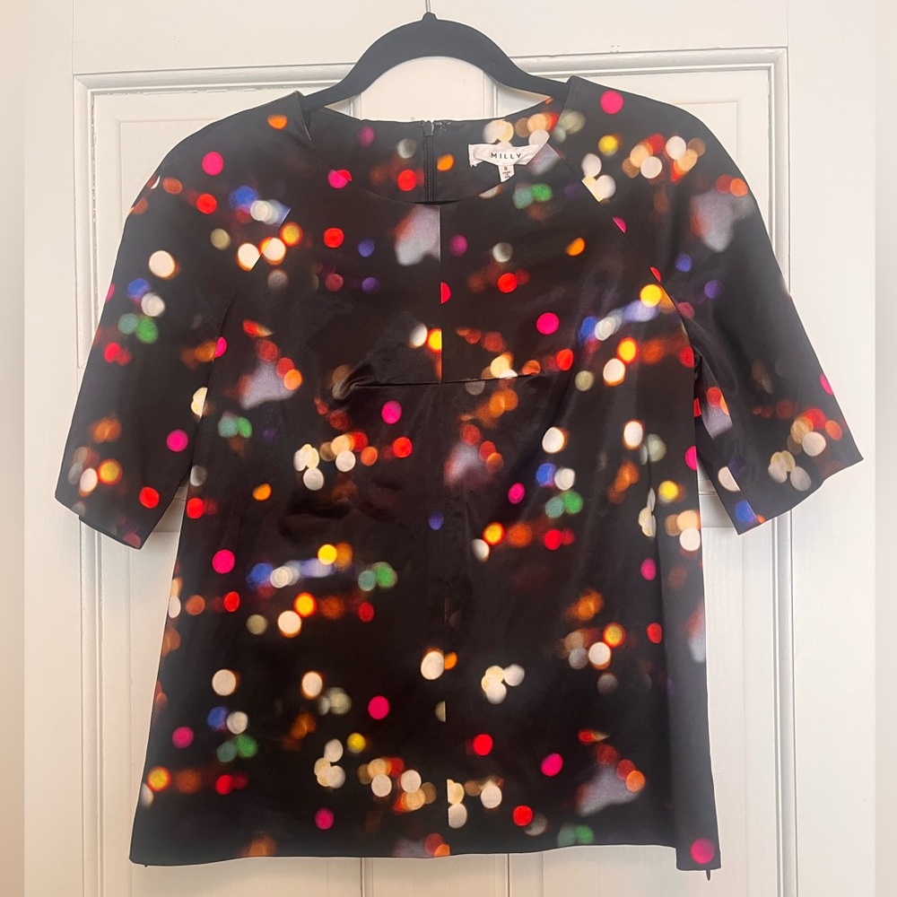 Milly Black Multi-Color Bokeh Short Sleeve Blouse
